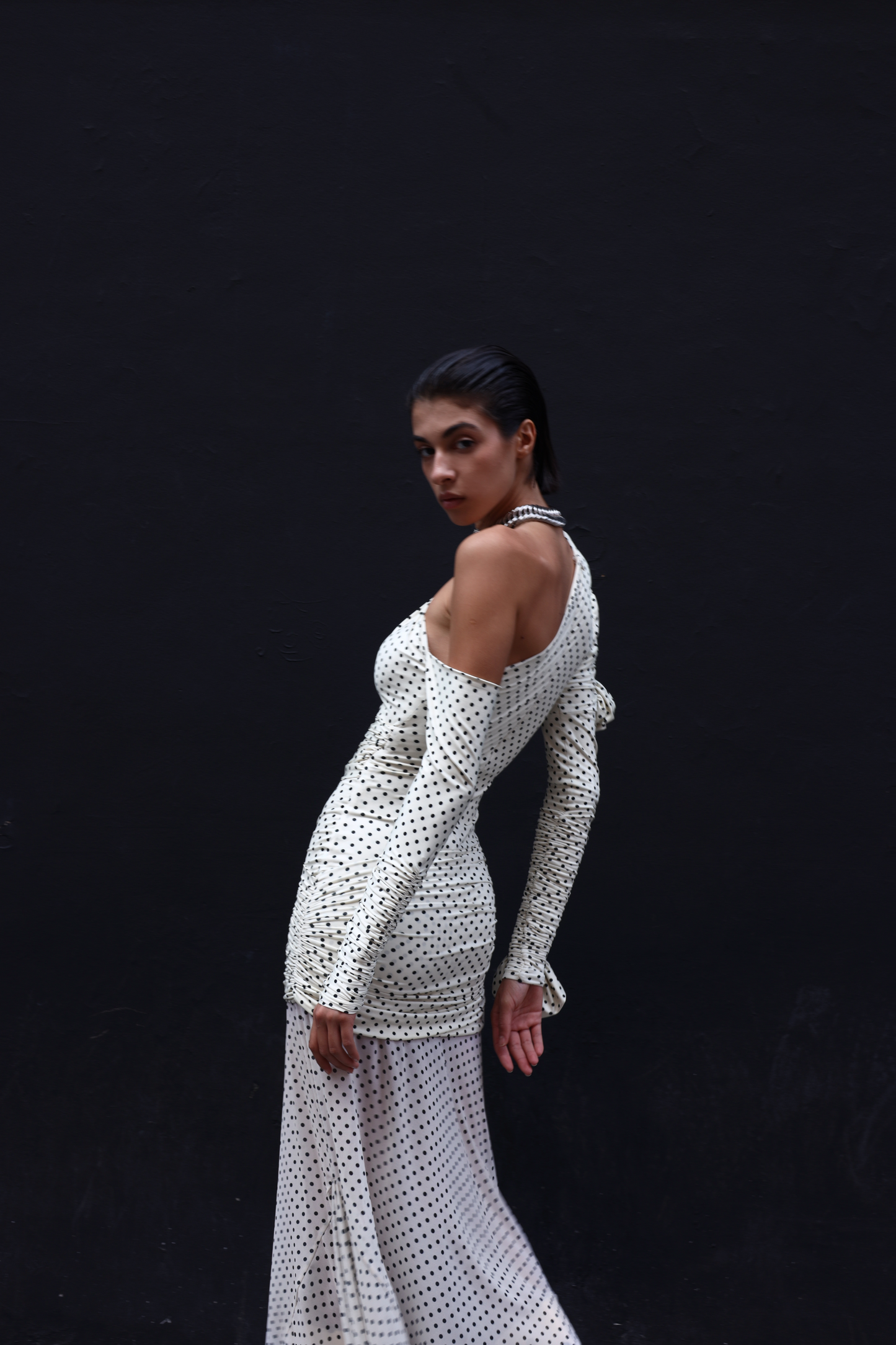 Polka dots Stretch midi Dress MADREMONTE Ivory bloom