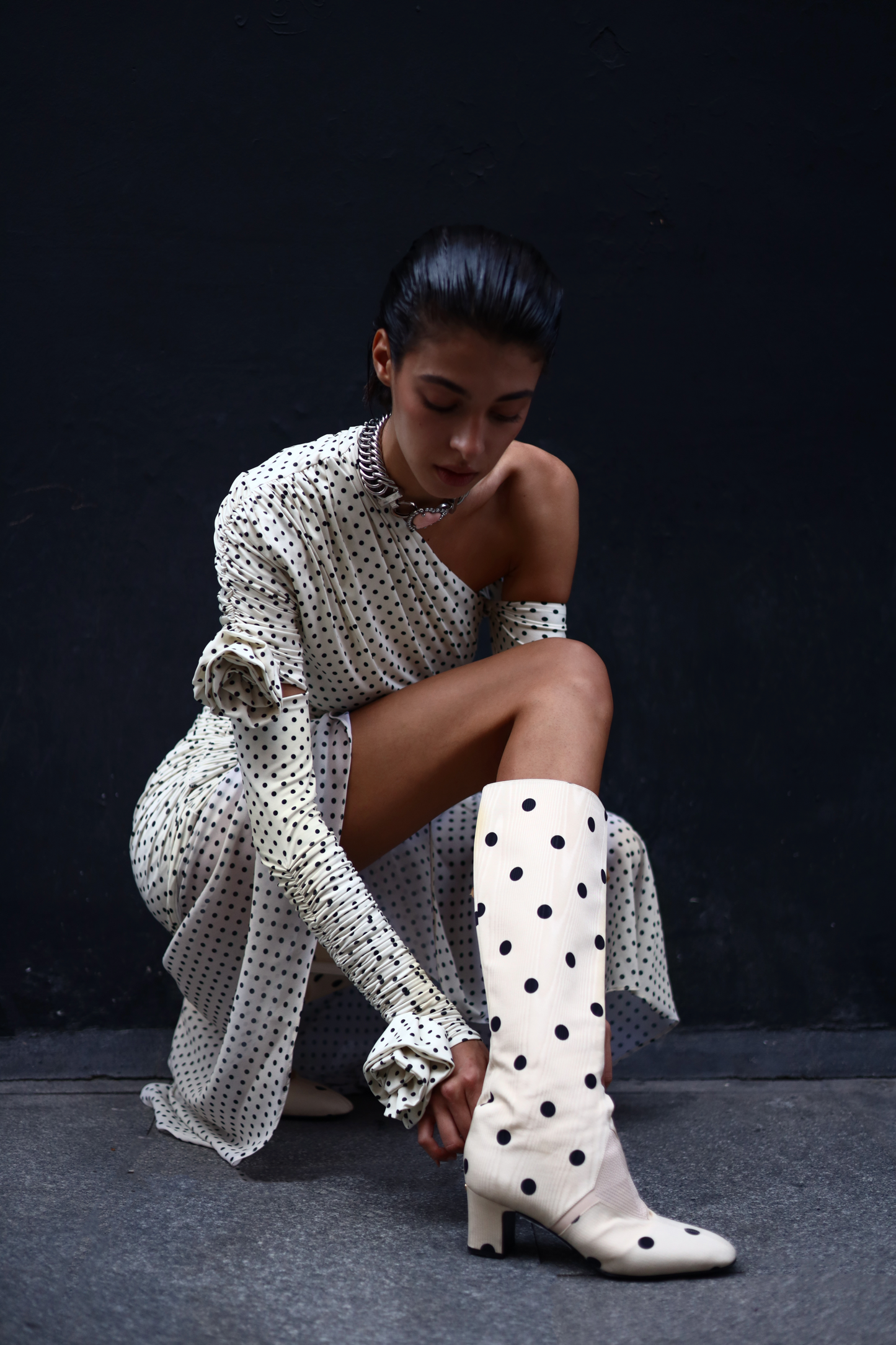 Polka dots Stretch midi Dress MADREMONTE Ivory bloom